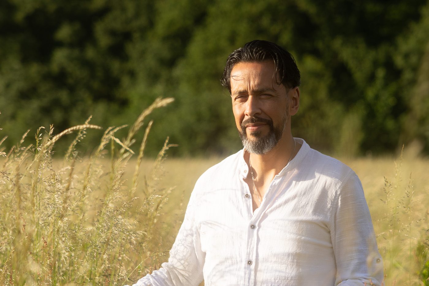 Man in wit overhemd in hoog gras, handen voor zich, warm tegenlicht
