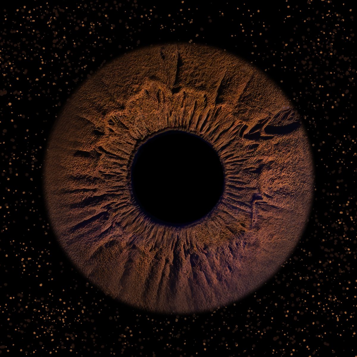 Macro-opname van een amberkleurige iris op een zwart veld met lichtspikkels